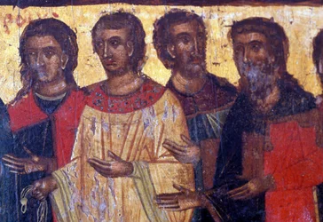 Mansfigurer, träpanel i den bysantinska kyrkan Palea Roumata, Kreta, Grekland (foto)