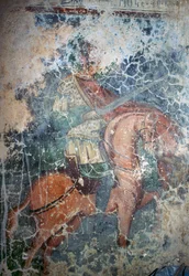 Man till häst med svärd, fresk i den bysantinska kyrkan Agios Athanasios, Kefali, Kreta, Grekland (foto)