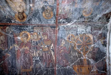 Fresk med religiöst tema, av Ioannis Pagomenos, fresk i den bysantinska kyrkan St George, Anidri, Kreta, Grekland (foto)