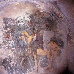 Helgon till häst, fresk i kyrkan i Prodromi, Kreta, Grekland (foto)
