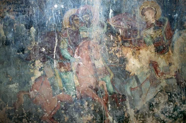 Heliga till häst, fresk i den bysantinska kyrkan Agios Athanasios, Kefali, Kreta, Grekland (foto)