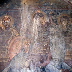 Heliga till häst, fresk i kyrkan i Kandanos, Kreta, Grekland, Detalj (foto)