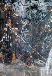Soldat, skadad fresk på taket av kyrkan Agios Vasileios, Vavouledo, Kreta, Grekland (foto)