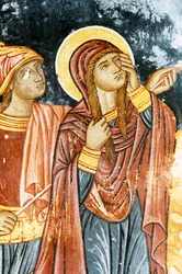 St Longinus och Maria, korsfästelsesscen, fresk i Mikro Sotiris kloster, ön Symi, Grekland (foto)