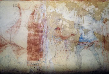 Kvinna och ungdom, fresk, Tomb of Blue Demons, Necropolis of Tarquinia (UNESCOs världsarvslista, 2004), Lazio, Italien, etruskisk civilisation, 500-talet f.Kr. (foto)