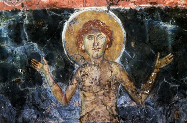 Kristus, fresk i den bysantinska kyrkan Agios Georgios Sfakiotis, Diavaide, Kreta, Grekland (foto)