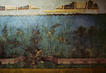 Fresk som föreställer en trädgård med träd och fåglar, från Livias hus på Palatinen, Rom, Italien. Romersk civilisation