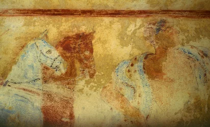 Begravningståg med hästar och mansfigurer, fresk, detalj, de blå demonernas grav, Tarquinias nekropolis (UNESCOs världsarvslista, 2004), Lazio, Italien. Etruskisk civilisation, 500-talet f.Kr. (foto)
