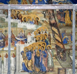 St, Peter öppnar himlens portar, fresk om den sista domen i klostret Timios Prodromos, Serres, Centrala Makedonien, Grekland