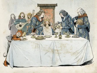 En liten flicka som bär en krona sitter på en tron vid ett bankettbord. En stor esong hällde upp en drink till honom, en stor korgmakare skar bröd och en stor kammarherre band en handduk runt hans hals. Trubadurer och en dvärg underhåller henne. Allegori ö