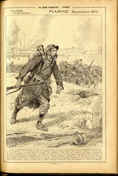 Dagbok Buvard du Bon Marche 1917 - Illustration av Job (Jacques Marie (Jacques-Marie) Gaston Onfray och Breville) (1858-1931): Marne September 1914 - War of 14 -18, Marne, Great Battles, Battle of Marne - Soldater