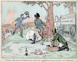 Slaget vid Aspern Essling - Napoleon får nyheter om marskalk Lannes död 1809 - Slaget vid Aspern-Essling - Napoleon får nyheter om marskalk Lannes död - litografi av Job (Jacques Onfroy de Breville) från "" Le Grand Napoleon des Petites
