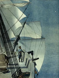 Kampanj (expedition) av Egypten (1798-1801): återvända från Alexandria till Egypten ombord på fregatten "La Muiron", Napoleon I Bonaparte (1769-1821) ensam på bryggan av båten betraktar Medelhavet på natten