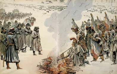 Fälttåget i Ryssland (1812): Under återtåget från Ryssland beordrade Napoleon I Bonaparte (1769-1821) att fanor och örnar skulle brännas för att hindra fienden från att ta dem. I «Napoleon» av Georges Montorgueil. Illustration av Jacques Marie Gaston