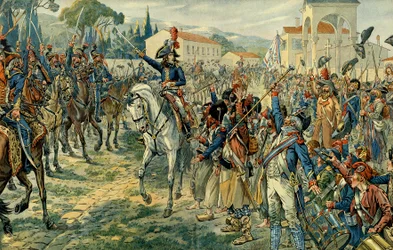 Första italienska fälttåget (1796-1797): Napoleon I Bonaparte (1769-1821) inspekterade Italiens armé i Nice den 27 mars 1796. Illustration av Jacques Marie Gaston Onfray de Breville, kallad JOB (1858-1931). Privat samling