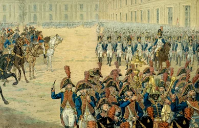 Första recensionen av den konsulära vakten på Tuileriernas borggård av Napoleon I Bonaparte (1769-1821). Efter antagandet av konstitutionen 1800 lämnade regeringen Peer-Luxembourg för att bosätta sig i Tuilerierna. På dagen för sin installation, Fi