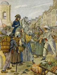 Franska revolutionen 1789: Napoleon I Bonaparte (1769-1821) tog parti av den revolutionära befolkningen och utan trosor (utan trosor) i Les Halles. Illustration av Jacques Marie Gaston Onfray de Breville dit JOB (1858-1931). Privat samling