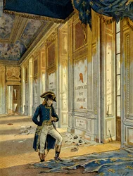 Franska revolutionen 1789: Napoleon I Bonaparte (1769-1821) i tronsalen i Tuileriernas palats efter revolutionärernas framfart, då de plundrade platsen. På väggen står det: ”Kungariket är avskaffat.” Illustration av Jacques Marie Gaston Onfray