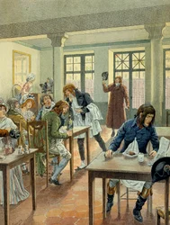 Franska revolutionen 1789: Napoleon I Bonaparte (1769-1821) ung på gargotier Justat, från rue des petits peres (Petits-Peres) i Paris, reducerades till en enda rätt som han betalade för 6 under portionen. Illustration av Jacques Marie Gaston Onfray de