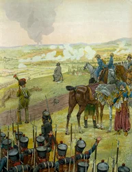 Tyskt fälttåg 1813: Napoleon I Bonaparte (1769-1821) sittande på en trumma reflekterar över sin stridsstrategi under slaget vid Bautzen den 20 och 21 maj 1813. I "" Napoleon"" av Georges Montorgueil. Illustration av Jacques Marie Gaston Onfray de Brevill