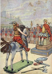 Frankrikes historia. Scen från det romerska Gallien med leksaker: Den galliske ledaren Vercingetorix (72-46 f.Kr.) beger sig till den romerske fältherren Julius Caesar (100-44 f.Kr.) efter slaget vid Alesia år 52 f.Kr. I ”Låt oss leka historia: Frankrike