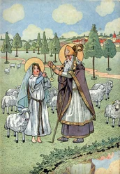 Frankrikes historia. Scen ur den heliga Genevièves liv med leksaker: biskop Sankt Germanus av Auxerre (V.378-448) hänger medaljen som föll från himlen runt halsen på den heliga Geneviève (v.423-512), en herdinna som vaktade sina får i Nanterre. I ”Let