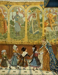 Frankrikes historia under medeltiden (medeltiden): Allegori över de franska provinserna vittnade om Frankrikes krona under kung Ludvig XI:s regeringstid kallad den försiktiga (1423-1483). Illustration av Jacques Marie Gaston Onfray de Breville dit JOB (185