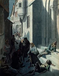 Frankrikes historia under medeltiden (medeltiden): Francois de Montcorbier känd som Francois Villon (1431-1463?), poet som komponerade sina verk i Paris gators misär. Illustration av Jacques Marie Gaston Onfray de Breville dit JOB (1858-1931)