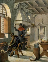 Frankrikes historia under medeltiden (medeltiden): Jacques Coictier, förste läkare för kungen av Frankrike Ludvig XI kallade den försiktige (1423-1483), förberedde ett botemedel åt honom. Illustration av Jacques Marie Gaston Onfray de Breville dit JOB (185