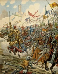 Frankrikes historia under medeltiden: kung Ludvig XI, kallad den Kloke (1423-1483), i spetsen för sin armé under slaget vid Montlhéry mot Ligue du Bien Public, 16 juli