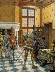 Frankrikes historia under medeltiden (medeltiden): Peronnes intervju mellan 9 och 14 oktober 1468 mellan kung Ludvig XI sa att den försynte (1423-1483) och Karl Temeraire (1433-1477) Illustration av Jacques Marie Gaston Onfray av Breville kallas JO