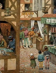 Frankrikes historia under medeltiden: En gata i Paris efter att kung Ludvig XI, kallad den försiktige (1423-1483), undertecknade fördraget i Péronne med Karl den djärve. Parisare hade köpt papegojor som de lärt säga ”Péronne” för att göra narr av