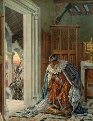 Frankrikes historia under medeltiden (medeltiden): Kungen av Frankrike Ludvig XI säger att den förståndige (1423-1483) är rädd för att döden kommer i rustning utanför dörren. Illustration av Jacques Marie Gaston Onfray de Breville dit JOB (1858-1931)