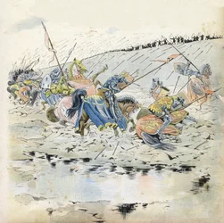 Hundraåriga krig: "" Slaget vid Azincourt den 25/10/1415"". Franska trupper besegrade av kung Henrik V:s armé (1387-1422). i "Frankrike, hans historia berättad av G. Montorgueil, bild av Job"" 1896. Privat samling.