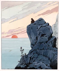 Jag kommer, som Themistokles, för att sitta hemma hos det brittiska folkets ord av Napoleon I Bonaparte (1769-1821) i en melankolisk attityd i exil på en klippa på St. Helene Island. Illustration av Job (Jacques Marie Gaston Onfray och Breville) (Jacques-M