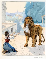 Illustration från boken “A la gloire des betes”” text av A Fabre, teckningar av Jacques Marie Gaston Onfray de Breville dit JOB (1858-1931), förläggare Maison Alfred Mame och son: The lion of Florence (flykt från menageriet av storhertigen av Florenc