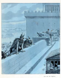 Illustration från boken "A la Glory des Betes"" text av A Fabre, teckningar av Jacques Marie Gaston Onfray de Breville dit JOB (1858-1931), redaktör Maison Alfred Mame et fils: Les goies du Capitole (890 f.Kr.), les Gallernas belägring av Rom, delsamling
