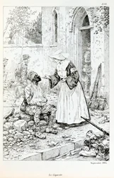 Illustration från boken "La Grande Guerre par les artistes"": "" La cigarette Septembre 1914""" religiös ger en cigarett till en skadad soldat av Jacques Marie Gaston Onfray de Breville dit JOB (1858-1931), Delsamling