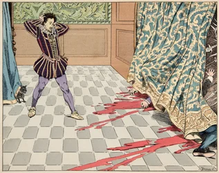 Illustration ur boken „Le bon roy Henri“, illustrerad av Jacques Marie Gaston Onfray de Breville, kallad JOB (1858-1931): På Bartolomeusdagen får hans två vänner, Ségur och La Rochefoucauld, halsen avskuren inför hans ögon - Privat samling