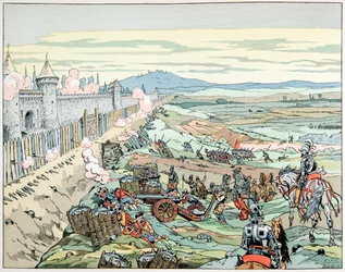 Illustration från boken "" Le bon roy Henri"", illustrerad av Jacques Marie Gaston Onfray de Breville dit JOB (1858-1931): Henri IV attackerar faubourg i Paris 1590 - Privat samling