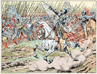 Illustration hämtad från boken "" Le bon roy Henri"", illustrerad av Jacques Marie Gaston Onfray de Breville dit JOB (1858-1931): Henri IV före sin armé: Följ mon plume blanc - Privat samling