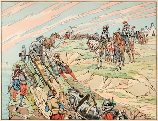 Illustration hämtad från boken "" Le bon roy Henri"", illustrerad av Jacques Marie Gaston Onfray de Breville dit JOB (1858-1931): Henri IV i krig etablerade sitt läger nära Dieppe med sitt artilleri - Privat samling