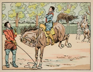 Illustration hämtad från boken “” Le bon roy Henri””, illustrerad av Jacques Marie Gaston Onfray de Breville dit JOB (1858-1931): Education at the 16th century riding - Privat samling