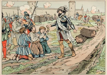 Illustration hämtad från boken “Le bon roy Henri””, illustrerad av Jacques Marie Gaston Onfray de Breville dit JOB (1858-1931): Henri IV ger pengar och frigör bönder som försökte introducera mat i Paris - Privat samling