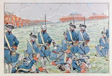 Jacques Marie Gaston Onfray de Breville dit JOB (1858 - 1931); Illustration från boken "Les epees de France": Slaget vid Fontenoy den 11 maj 1745; Coll, del