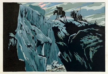 Jacques Marie Gaston Onfray de Breville kallad JOB (1858 - 1931); Illustration från boken "Les epees de France": Rolands död i Roncesvalles 778; Coll, del.