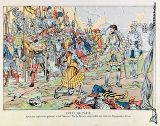 Jacques Marie Gaston Onfray de Breville dit JOB (1858 - 1931); Illustration från boken "" Les epees de France"": Kung Francois 1:a återlämnar sitt svärd till spanjorerna efter Pavias nederlag den 24 februari