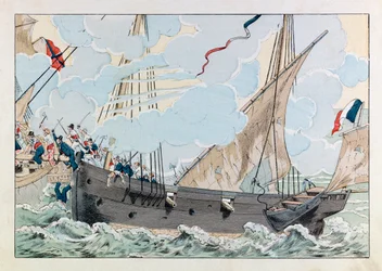 Jacques Marie Gaston Onfray de Breville dit JOB (1858 - 1931); Illustration från boken "" Les epees de France"": Robert Surcouf (1773-1827) med sitt skepp "" La Coquette "" attackerar det engelska skeppet "" Queen Mary ""; Coll, del