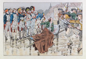 Jacques Marie Gaston Onfray de Breville dit JOB (1858 - 1931); Illustration från boken "Les epees de France": Markisen de Bonchamps sårar dödligt efter slaget vid Cholet 1793 räddar republikanska fångar ur händerna på chouanerna; Coll, Par