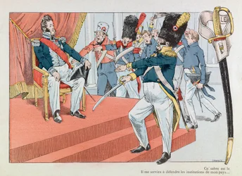 Jacques Marie Gaston Onfray de Breville dit JOB (1858 - 1931); Illustration hämtad från boken "" Les epees de France"": Louis Philippe (1773-1850) på tronen (Henri Monnier tar emot nationalgardets insignier "" Denna sabel är den vackraste